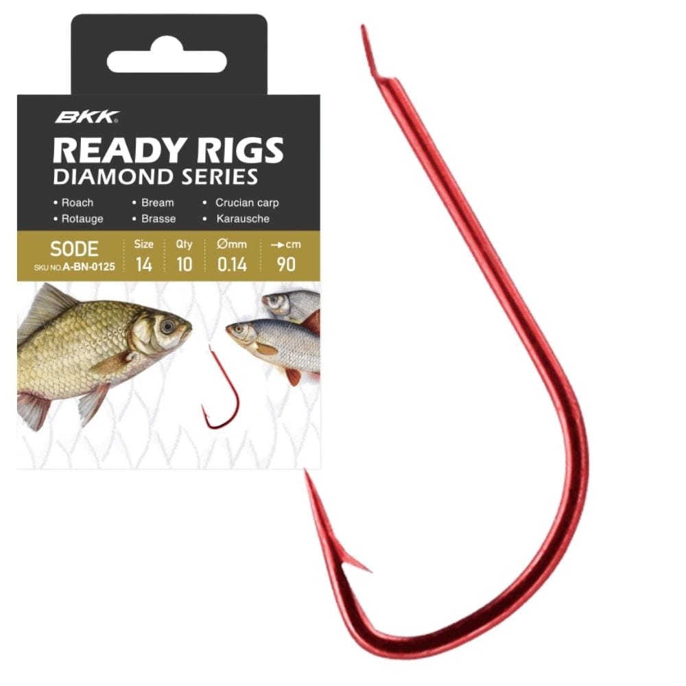 BKK Coars Snelled Hooks Diamond Ready Rig-Sode Red 10pcs