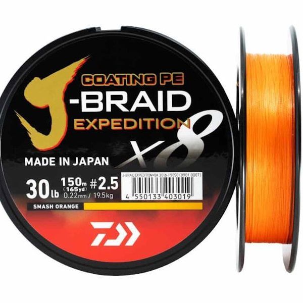 Tresse Daiwa J Braid Expedition X8 - 150m, 8lb, 0.06mm, Orange (neuf)